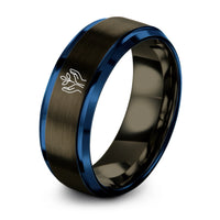 gunmetal & blue tungsten hands holding plant ring