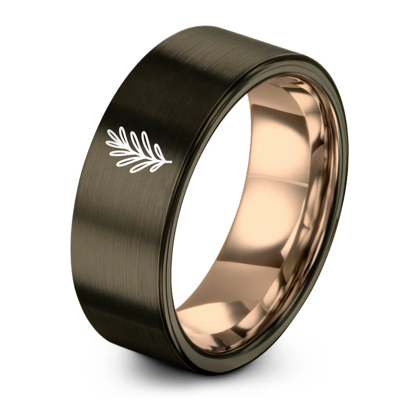 Rosemary Sprig – Tungsten Wedding Band, 8 mm, Rose Gold, Gunmetal Comfort-Fit Unisex