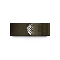 engraved couple rings – gunmetal & rose gold tungsten rosemary sprig wedding band