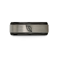 engraved rings for partners – black & blue & grey tungsten whelk shell wedding band