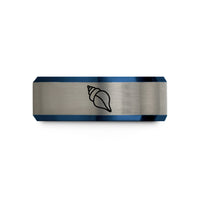 engraved rings for partners – black & blue & grey tungsten whelk shell wedding band