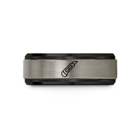 engraved wedding rings – black & gray tungsten utility knife wedding band