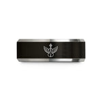 engraved rings for men – black & grey tungsten violin wings wedding band