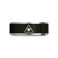 comfort fit wedding rings – black & grey tungsten laser warning symbol wedding band