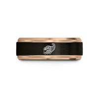 engraved couple rings – black & rose gold tungsten cornucopia wedding band