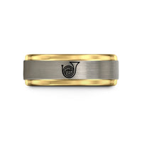 engraved couple ring set – black & gold & gray tungsten french horn bell wedding band