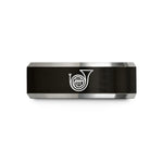 engraved couple ring set – black & silver tungsten french horn bell wedding band