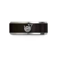 engraved couple ring set – black & silver tungsten french horn bell wedding band