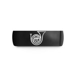 engraved couple ring set – black tungsten french horn bell wedding band