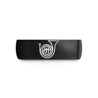 engraved couple ring set – black tungsten french horn bell wedding band
