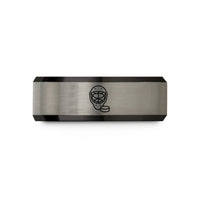 custom engraved couple bands – black & blue & gray tungsten goalie mask puck wedding band