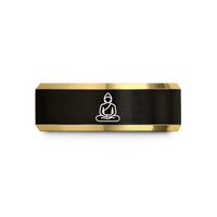 matching wedding bands set – black & gold tungsten meditating buddha silhouette wedding band