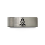 his and hers rings – gold & grey tungsten meditating buddha silhouette wedding band