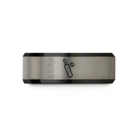 custom engraved wedding bands – black & blue & gray tungsten cricket bat ball wedding band