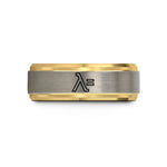 unique men’s wedding rings – gold & blue & grey tungsten lambda sign wedding band