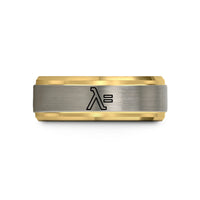 unique men’s wedding rings – gold & blue & grey tungsten lambda sign wedding band