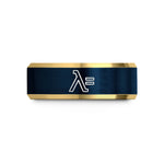 custom engraved tungsten band – gold & blue tungsten lambda sign wedding band