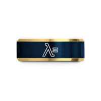 custom engraved tungsten band – gold & blue tungsten lambda sign wedding band