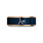 unique men’s wedding rings – rose gold & blue tungsten lambda sign wedding band