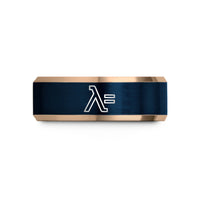 unique men’s wedding rings – rose gold & blue tungsten lambda sign wedding band