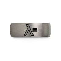 wedding band for couples – rose gold & gray tungsten lambda sign wedding band