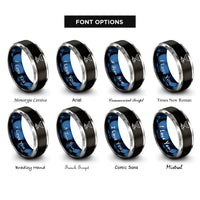 font options for inside engraving on black & blue & grey whale wave rings