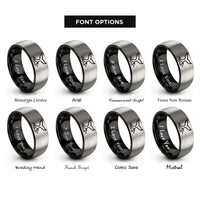 font options for inside engraving on black & grey whale wave rings