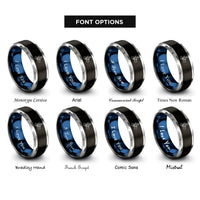 font options for inside engraving on black & blue & grey wheelie cyclist rings