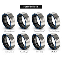 font options for inside engraving on black & blue & gray wheelie cyclist rings