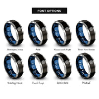 font options for inside engraving on black & blue & silver whirlpool spiral circle rings