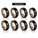 font options for inside engraving on black & rose gold whirlwind spiral circle rings