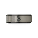 step bevel tungsten ring – black & gray tungsten raven on skull wedding band