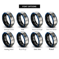 font options for inside engraving on black & blue & grey whitewater rafter paddle rings