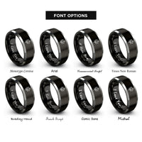 font options for inside engraving on black & silver wildflower sprig buds rings