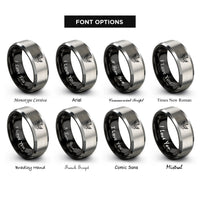 font options for inside engraving on black & silver winged guitar lightning rings
