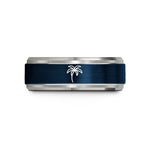 engraved ring for her – blue & gray tungsten palm tree wedding band