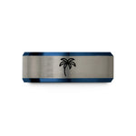 engraved ring for her – blue & grey tungsten palm tree wedding band