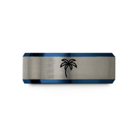 engraved ring for her – blue & grey tungsten palm tree wedding band
