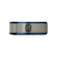engraved couple promise ring – blue & grey tungsten airplane window wedding band