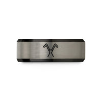 personalized ring for her – black & blue & gray tungsten dowsing rods wedding band
