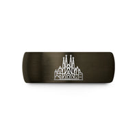 unique presents for her – gunmetal & blue tungsten barcelona skyline wedding band