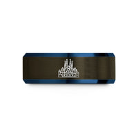 unique presents for her – gunmetal & blue tungsten barcelona skyline wedding band
