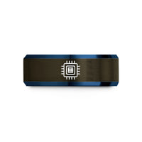 engraved ring for her – gunmetal & blue tungsten fpga chip wedding band