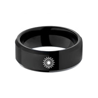 engraved ring for couples – black tungsten litha sun wedding band