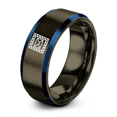 Airmail Chevron Border – Tungsten Wedding Band, 8 mm, Gunmetal, Blue Comfort-Fit Unisex