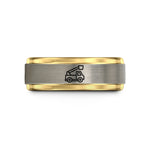 tungsten wedding band – black & gold & gray tungsten utility bucket truck wedding band