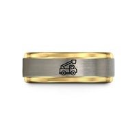 tungsten wedding band – black & gold & gray tungsten utility bucket truck wedding band