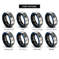 font options for inside engraving on black & blue & grey x ring arrow rings