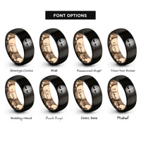 font options for inside engraving on black & rose gold yggdrasil circle rings