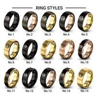 peace design tungsten ring styles in gunmetal & rose gold